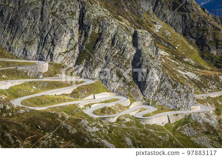 St. Gotthard mountain pass, dramatic road with swiss alps, Switzerland 97883117