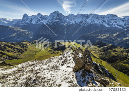 Top of the Schilthorn and view of Bernese Swiss alps, Switzerland 97883183