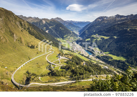 St. Gotthard mountain pass, dramatic road with swiss alps, Switzerland 97883226