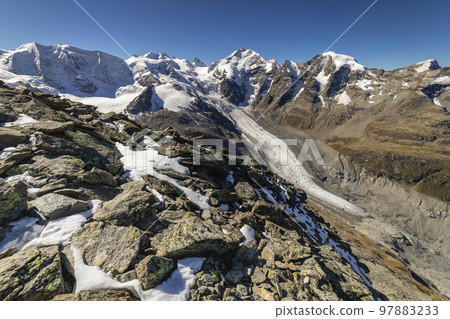 Bernina and Palu mountain range with glaciers in the Alps, Engadine, Switzerland 97883233