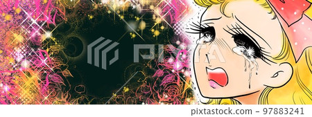 A color wide size 70's girl cartoon illustration of a young lady in a vertical roll with blond hair who is shocked and sheds large tears. 97883241