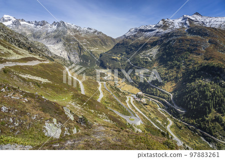 Grimsel and Furka mountain pass, dramatic road with swiss alps, Switzerland Grimsel and Furka mountain pass, dramatic road with swiss alps, Switzerland 97883261