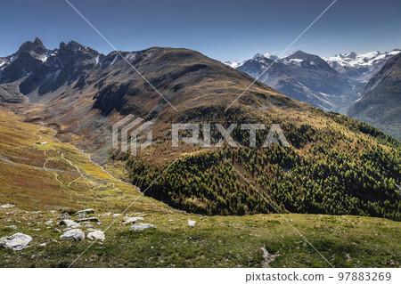 Dramatic landscape of swiss alps in upper Engadine, Graubunden, Switzerland 97883269