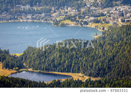 Above St Moritz lake with sailboats from Muottas Muragl, Graubunden, Switzerland Above St Moritz lake with sailboats from Muottas Muragl, Graubunden, Switzerland 97883331