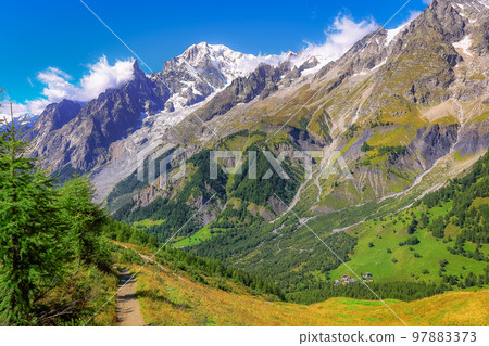 Mont Blanc massif idyllic alpine landscape countryside, Chamonix, French Alps 97883373