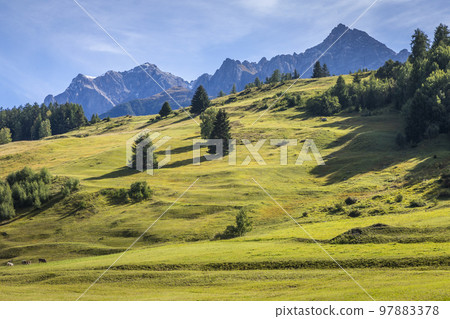 Dramatic landscape of swiss alps in upper Engadine, Graubunden, Switzerland 97883378