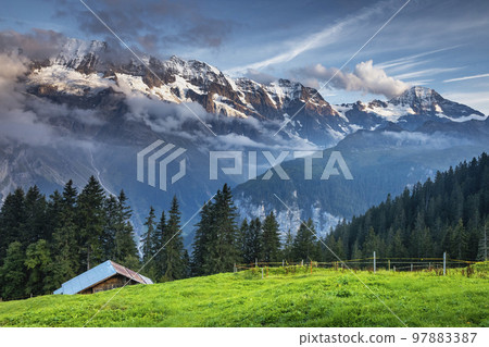 Snowcapped Bernese Swiss alps and Murren village, Switzerland 97883387