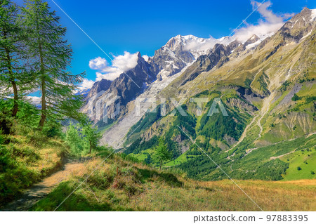 Mont Blanc massif idyllic alpine landscape countryside, Chamonix, French Alps 97883395