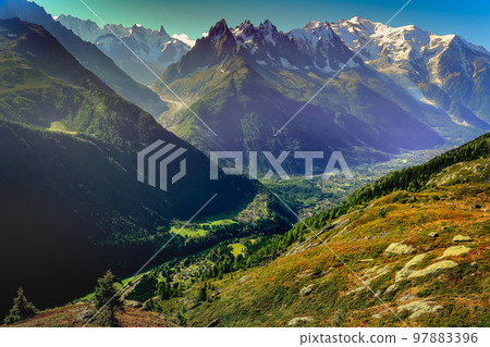 Mont Blanc massif idyllic alpine landscape countryside, Chamonix, French Alps 97883396