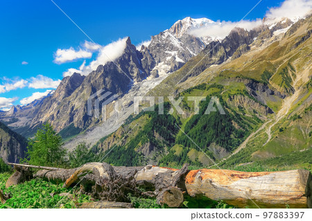 Mont Blanc massif idyllic alpine landscape countryside, Chamonix, French Alps 97883397