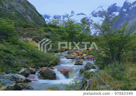 Melting frozen river, Andes landscape in Tierra Del fuego, Ushuaia, Argentina 97883399