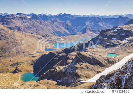 Bernina and Palu mountain range with lakes in the Alps, Engadine, Switzerland 97883451