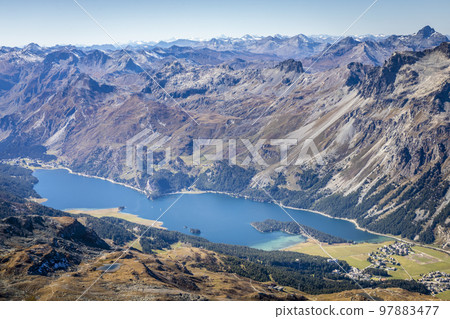 Above Silvaplana lake, Sils and Maloja from Piz Corvatsch, Engadine, Switzerland Above Silvaplana lake, Sils and Maloja from Piz Corvatsch, Engadine, Switzerland 97883477