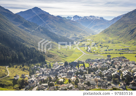 Idyllic landscape of Andermatt village, Swiss Alps, Switzerland 97883516