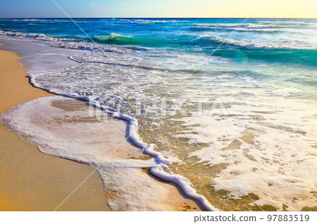 Idyllic and deserted beach at sunset in Cancun, Mexican Caribbean 97883519