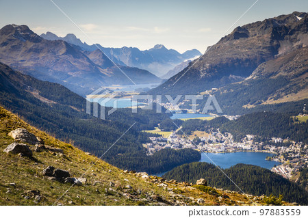 View Above St Moritz from Muottas Muragl of Upper Engadine, Graubunden, Switzerland 97883559