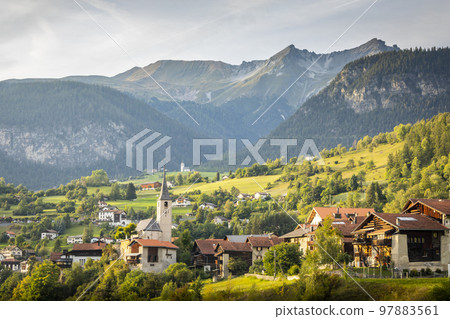 Idyllic landscape of Filisur village, Engadine, Swiss Alps, Switzerland Idyllic landscape of Filisur village, Engadine, Swiss Alps, Switzerland 97883561