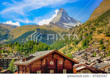 Matterhorn above zermatt idyllic valley at sunrise, Swiss Alps Matterhorn above zermatt idyllic valley at sunrise, Swiss Alps 97883567