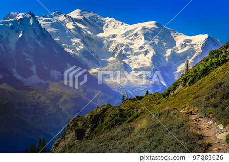 Mont Blanc massif idyllic alpine landscape countryside, Chamonix, French Alps 97883626