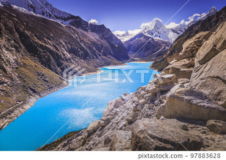 Turquoise Paron lake in Cordillera Blanca, snowcapped Andes, Ancash, Peru 97883628