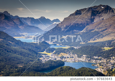View Above St Moritz from Muottas Muragl of Upper Engadine, Graubunden, Switzerland 97883643