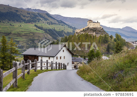 Idyllic landscape of Scuol Tarasp village, Engadine, Swiss Alps, Switzerland Idyllic landscape of Scuol Tarasp village, Engadine, Swiss Alps, Switzerland 97883691