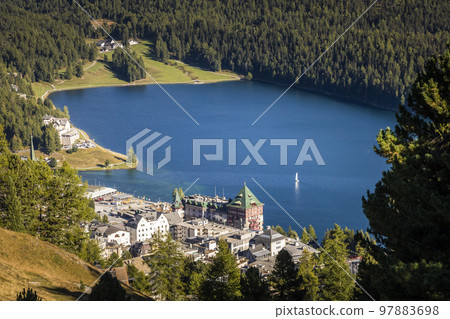 Sailing on St Moritz lake, view above Engadine, Graubunden, Switzerland Sailing on St Moritz lake, view above Engadine, Graubunden, Switzerland 97883698