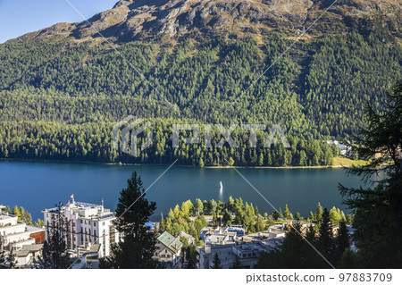 Sailing on St Moritz lake, view above Engadine, Graubunden, Switzerland 97883709