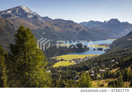 Above Sils lake and Maloja from upper Engadine, Graubunden, Switzerland 97883779