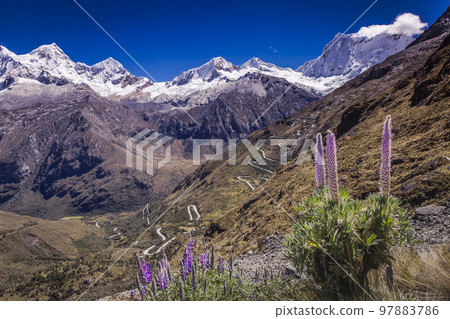 Huascaran Mountain massif in Cordillera Blanca, snowcapped Andes, Ancash, Peru Huascaran Mountain massif in Cordillera Blanca, snowcapped Andes, Ancash, Peru 97883786