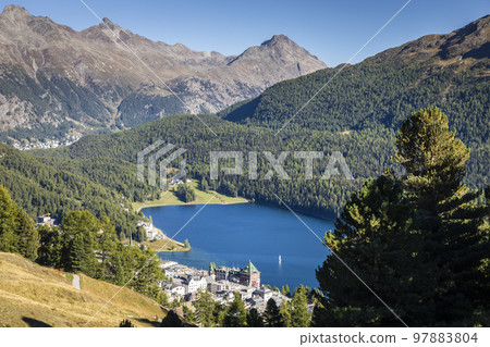 Sailing on St Moritz lake, view above Engadine, Graubunden, Switzerland Sailing on St Moritz lake, view above Engadine, Graubunden, Switzerland 97883804