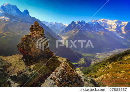 Mont Blanc massif idyllic alpine landscape countryside, Chamonix, French Alps Mont Blanc massif idyllic alpine landscape countryside, Chamonix, French Alps 97883887