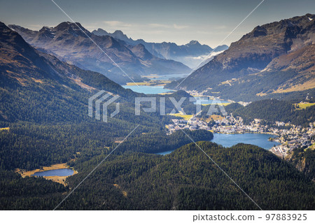 View Above St Moritz from Muottas Muragl of Upper Engadine, Graubunden, Switzerland View Above St Moritz from Muottas Muragl of Upper Engadine, Graubunden, Switzerland 97883925