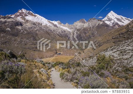 Trekking path, mountain pass in Huascaran, Cordillera Blanca, Ancash, Peru Trekking path, mountain pass in Huascaran, Cordillera Blanca, Ancash, Peru 97883931