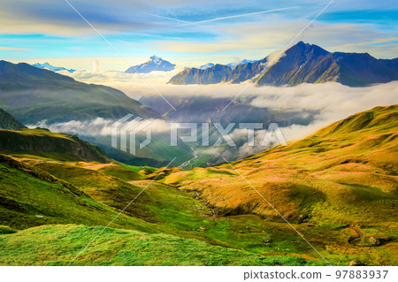 Mont Blanc massif idyllic alpine landscape countryside, Chamonix, French Alps 97883937