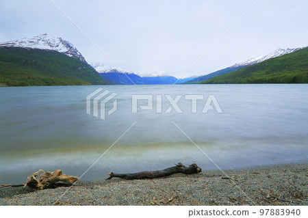 Melting frozen lake, Andes landscape in Tierra Del fuego, Ushuaia, Argentina 97883940