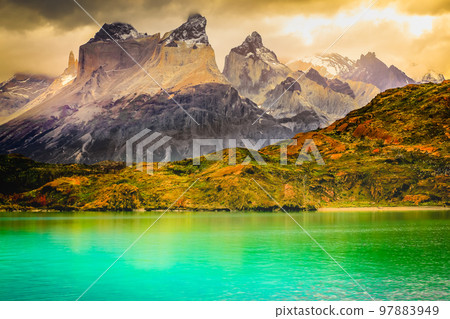 Horns of Paine and Lake Pehoe at sunset, Torres Del Paine, Patagonia, Chile Horns of Paine and Lake Pehoe at sunset, Torres Del Paine, Patagonia, Chile 97883949