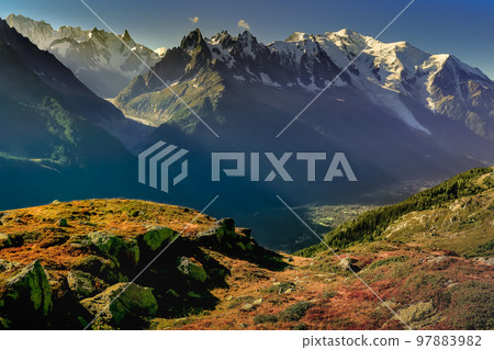 Mont Blanc massif idyllic alpine landscape countryside, Chamonix, French Alps 97883982