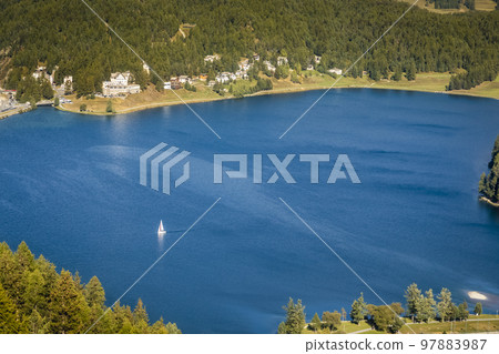Sailing on St Moritz lake, view above Engadine, Graubunden, Switzerland 97883987