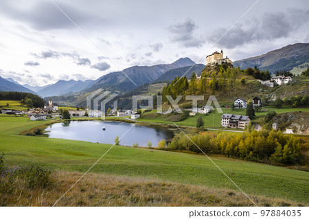 Idyllic landscape of Scuol Tarasp village, Engadine, Swiss Alps, Switzerland Idyllic landscape of Scuol Tarasp village, Engadine, Swiss Alps, Switzerland 97884035