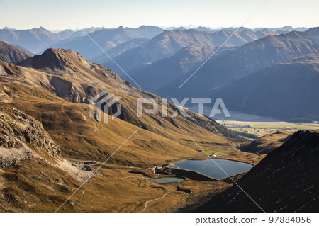 Bernina and Palu mountain range with lake in the Alps, Engadine, Switzerland Bernina and Palu mountain range with lake in the Alps, Engadine, Switzerland 97884056