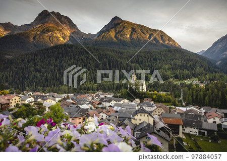 Idyllic landscape of Scuol village, Engadine, Swiss Alps, Switzerland Idyllic landscape of Scuol village, Engadine, Swiss Alps, Switzerland 97884057