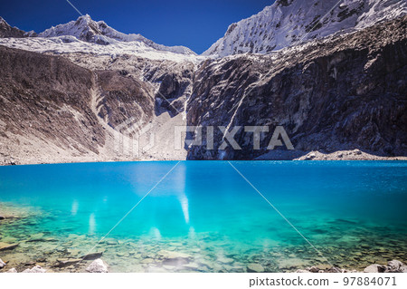 lake 69 n Cordillera Blanca with snowcapped Andes, Ancash, Peru 97884071