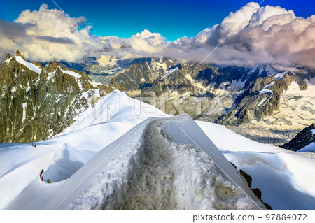 Mont Blanc massif idyllic alpine landscape at sunrise, Chamonix, French Alps 97884072