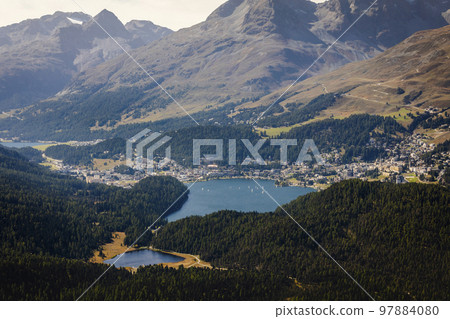 Above St Moritz lake with sailboats from Muottas Muragl, Graubunden, Switzerland 97884080