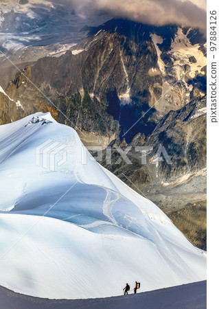 Mont Blanc massif idyllic alpine landscape at sunrise, Chamonix, French Alps 97884126