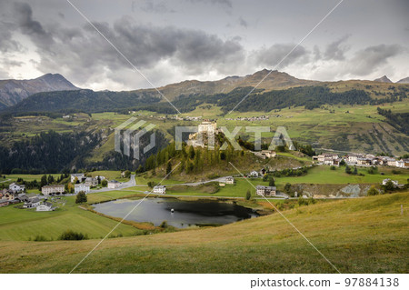 Idyllic landscape of Scuol Tarasp village, Engadine, Swiss Alps, Switzerland 97884138