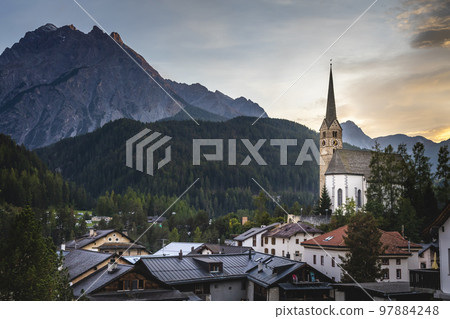 Idyllic landscape of Scuol village, Engadine, Swiss Alps, Switzerland 97884248