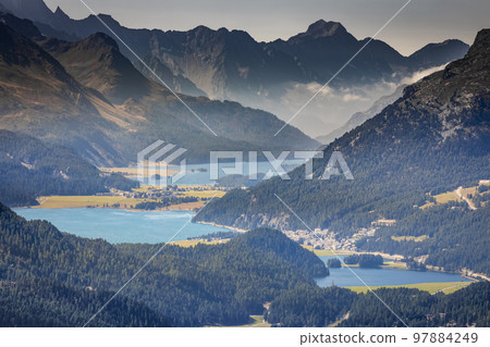 View Above St Moritz from Muottas Muragl of Upper Engadine, Graubunden, Switzerland 97884249
