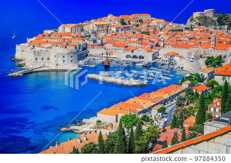 Dubrobvik old town, turquoise adriatic beach in Dalmatia, Croatia 97884350